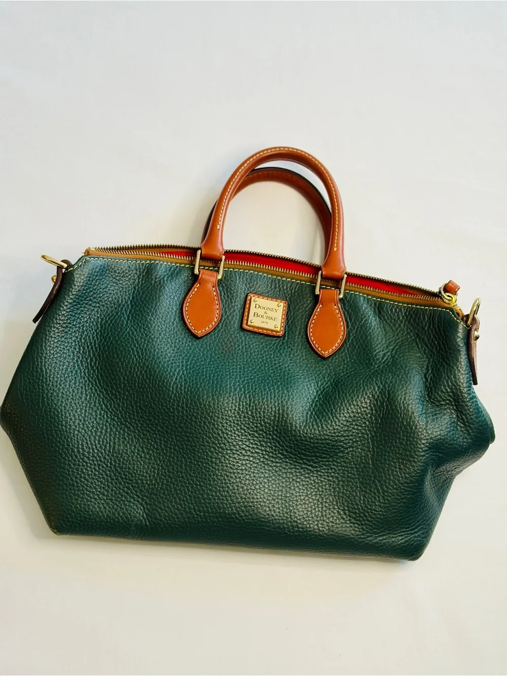 Dooney & Bourke Dillen Green Pebbled Leather Satchel with Brown Trim